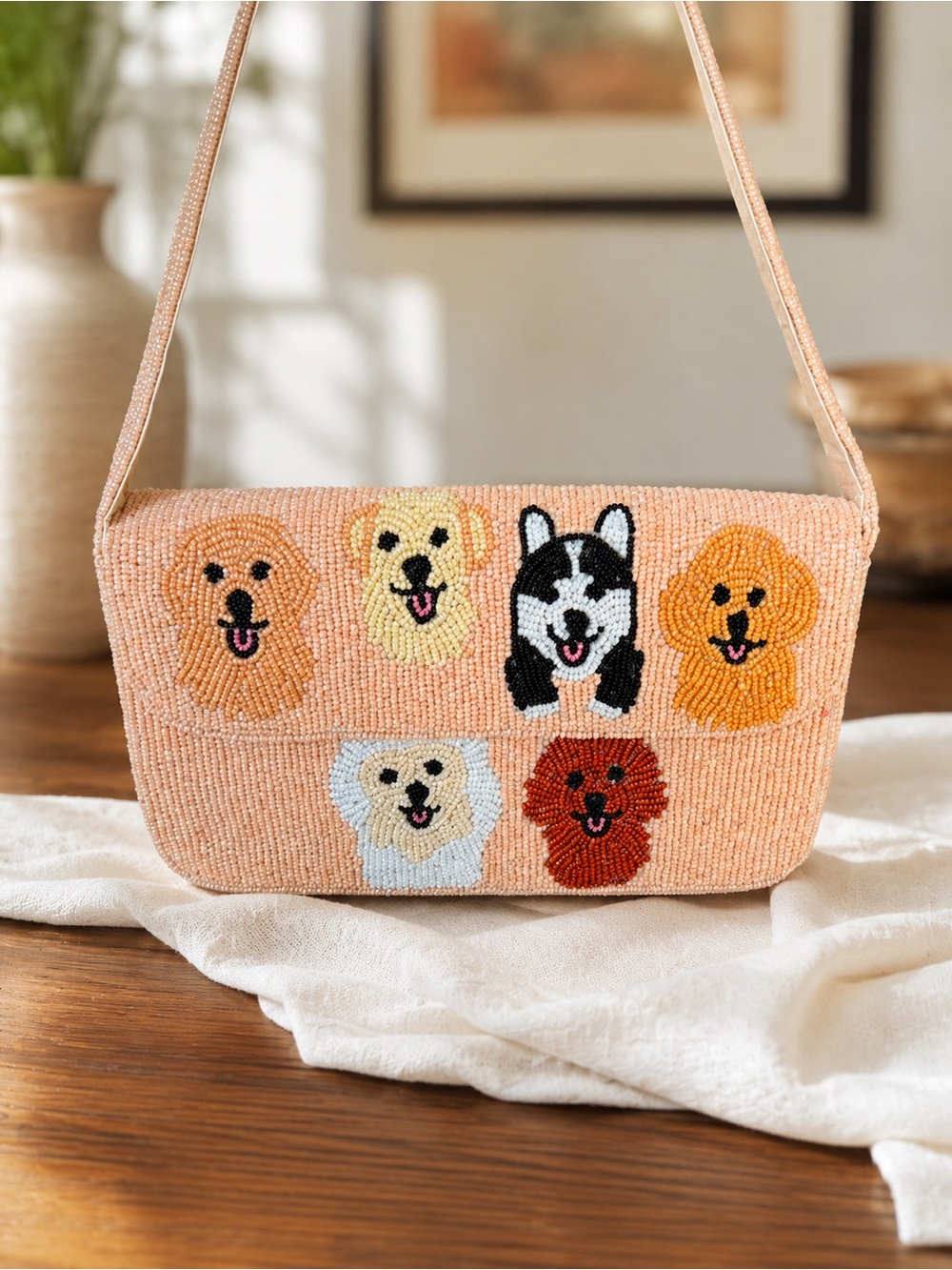 Peach Beaded Dog Face Shoulder Bag